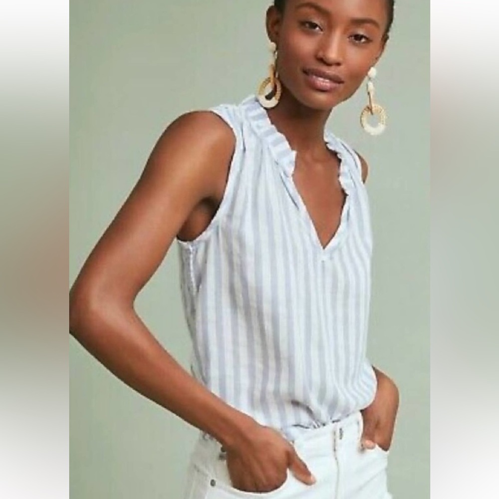 Anthropologie Cloth & Stone Sleeveless Blouse BlueWhite Stripe Ruffle Collar EUC